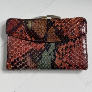 Vintage Bosca Genuine Python Skin Trifold Wallet Kiss Lock Coin Purse Brown Red